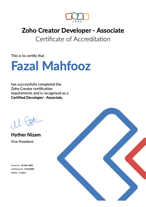 Zoho Creator Certified Developer (Associate) accreditation for Fazal Mahfooz