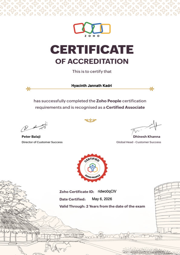 Zoho People Certified Associate accreditation for Hyacinth Jannath Kadri