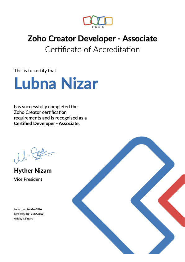 Zoho Creator Certified Developer (Associate) accreditation for Lubna Nizar