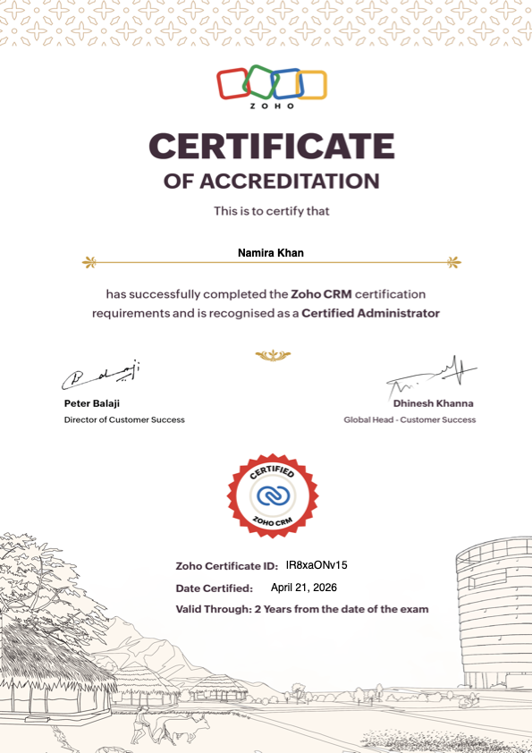Zoho CRM Certified Administrator accreditation for Namira Khan