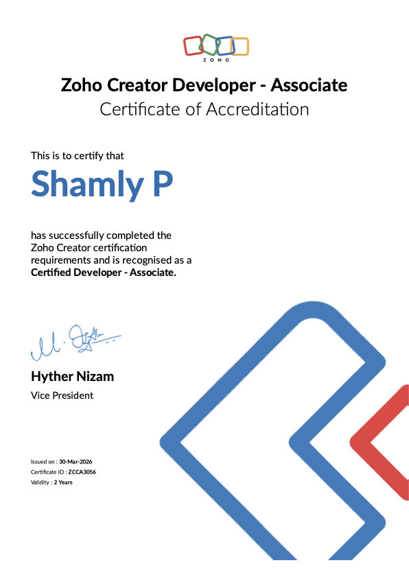 Zoho Creator Certified Developer (Associate) accreditation for Shamly P