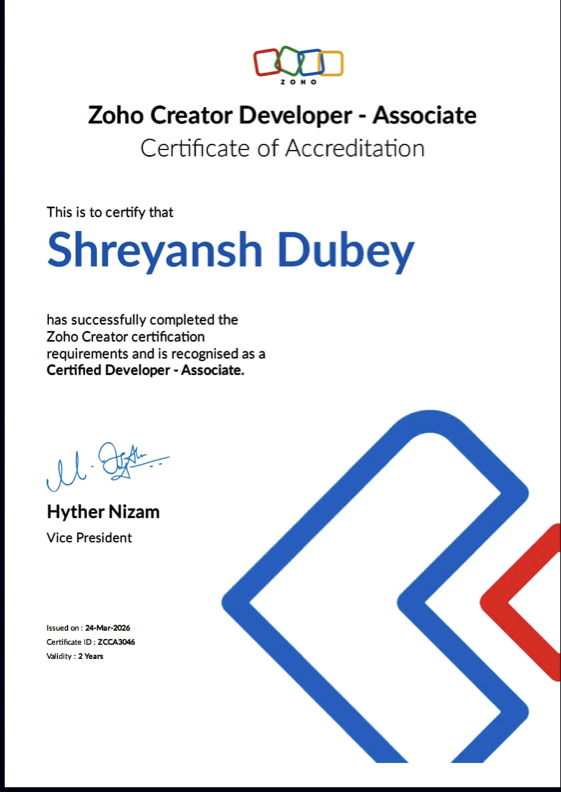 Zoho Creator Certified Developer (Associate) accreditation for Shreyansh Dubey