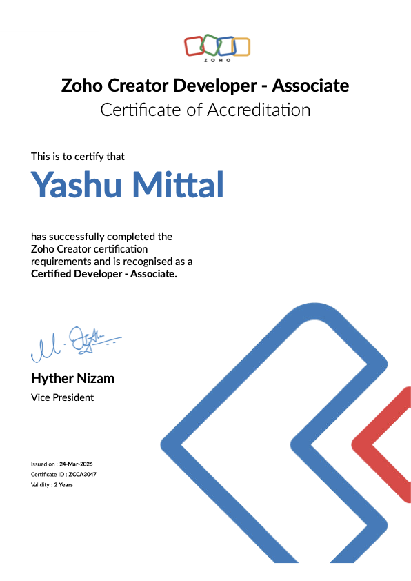 Zoho Creator Certified Developer (Associate) accreditation for Yashu Mittal