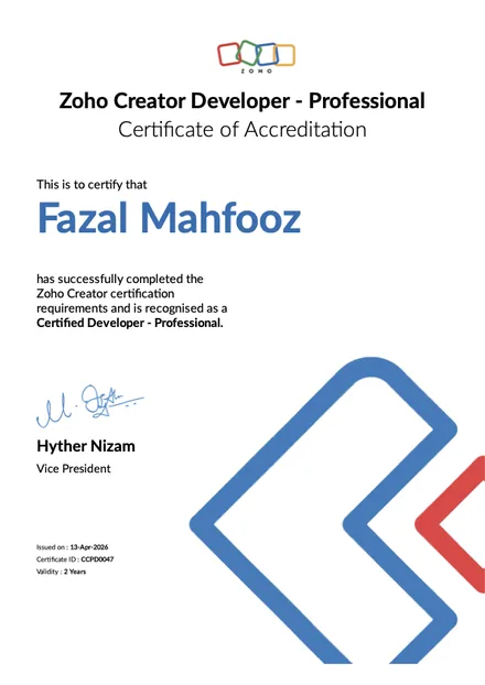 Zoho Creator Professional certificate, Fazal Mahfooz