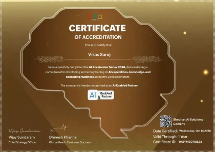 Zoho certificate of accreditation, AI Accelerator Series 2026: Vikas Saroj, recognising SHYPHAN AI SOLUTIONS LLC (parent company of Raqmiat Tech) as an AI Enabled Partner