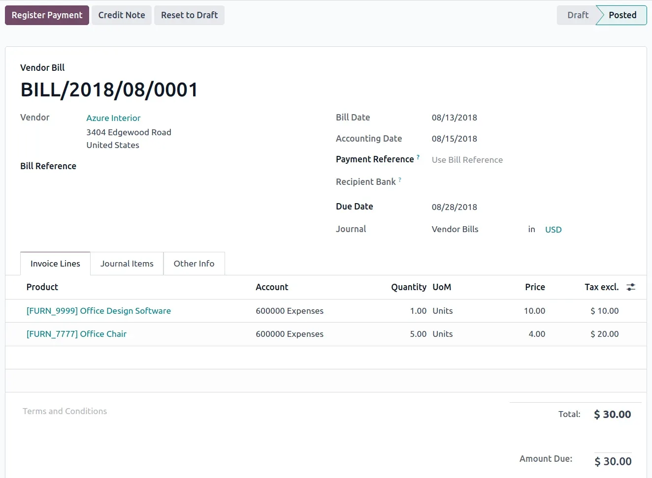 Odoo vendor bill with payment registration