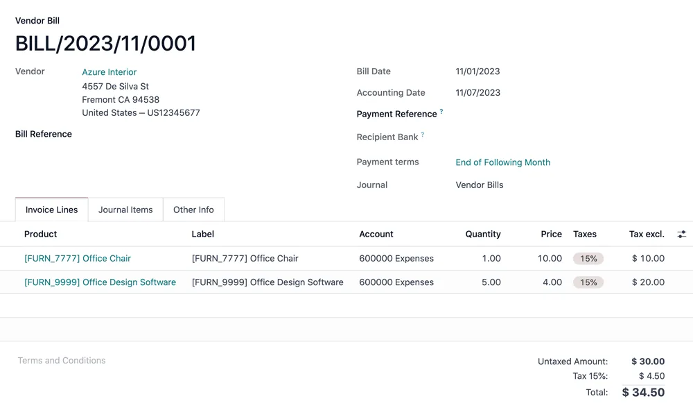 Odoo vendor bill with 15% tax