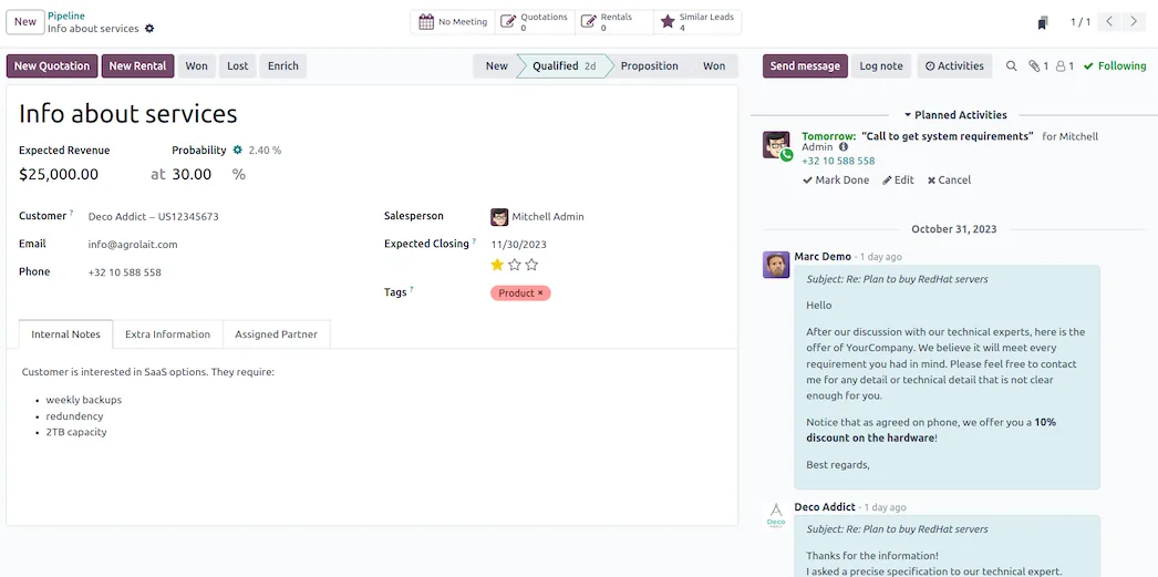 Odoo CRM opportunity with email history