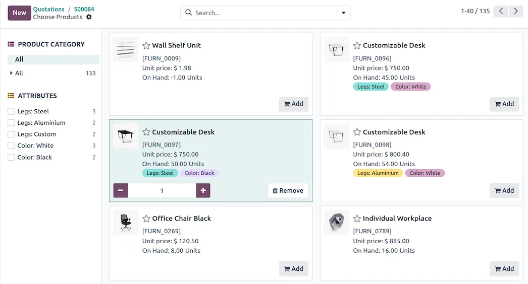 Odoo quotation built from the product catalog
