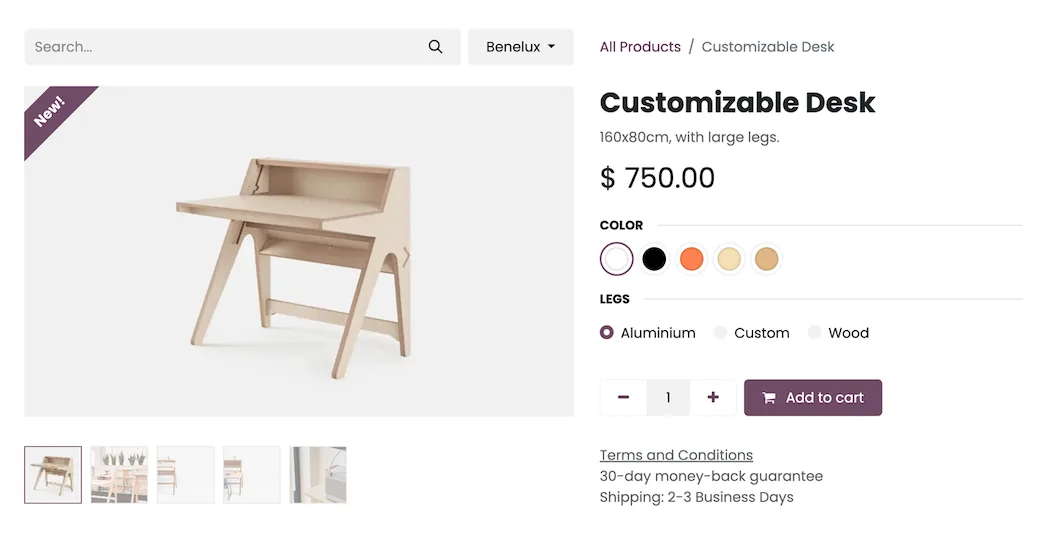 Odoo eCommerce product page with variants