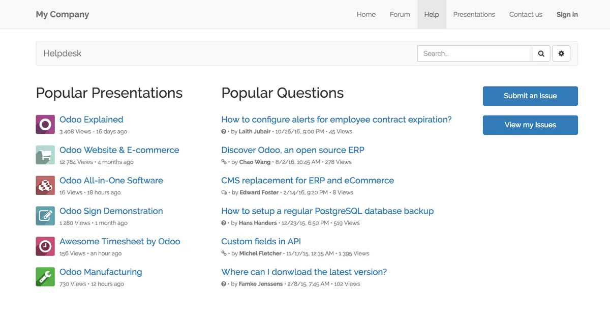 Odoo help center page for customers