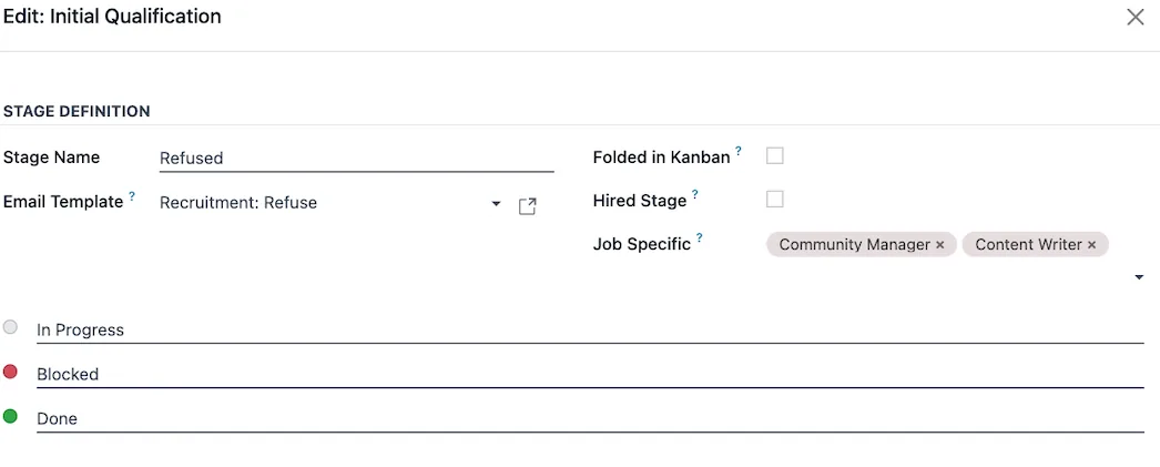 Odoo Recruitment stage settings