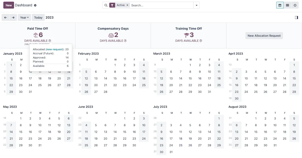 Odoo Time Off dashboard with allocations