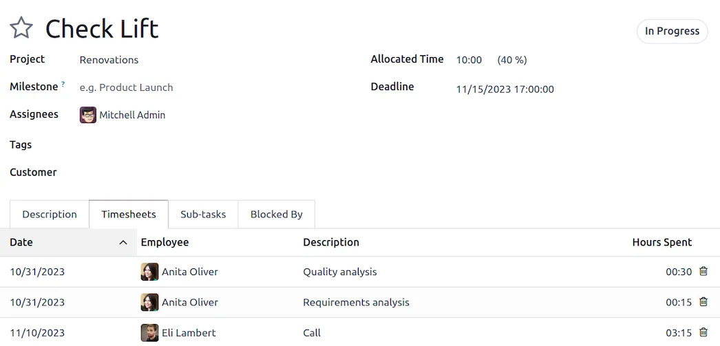 Odoo task with timesheet lines