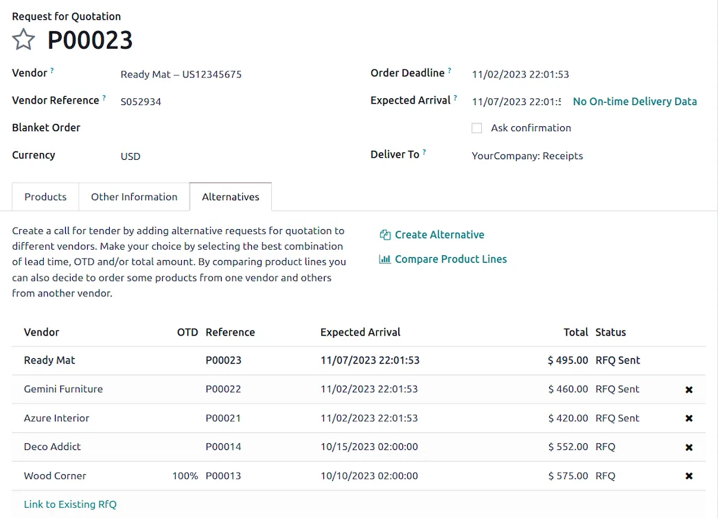 Odoo request for quotation with alternatives