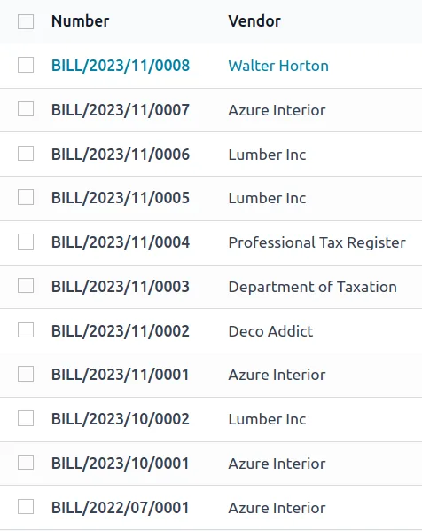 Odoo list of vendor bills