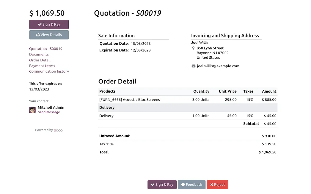 Quotation shown in the Odoo customer portal