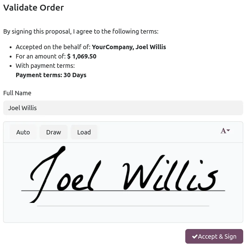 Customer signing a quotation online in Odoo