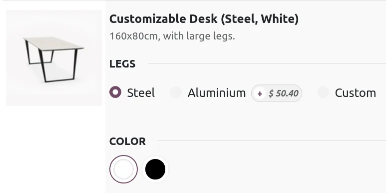 Odoo product configurator with variants