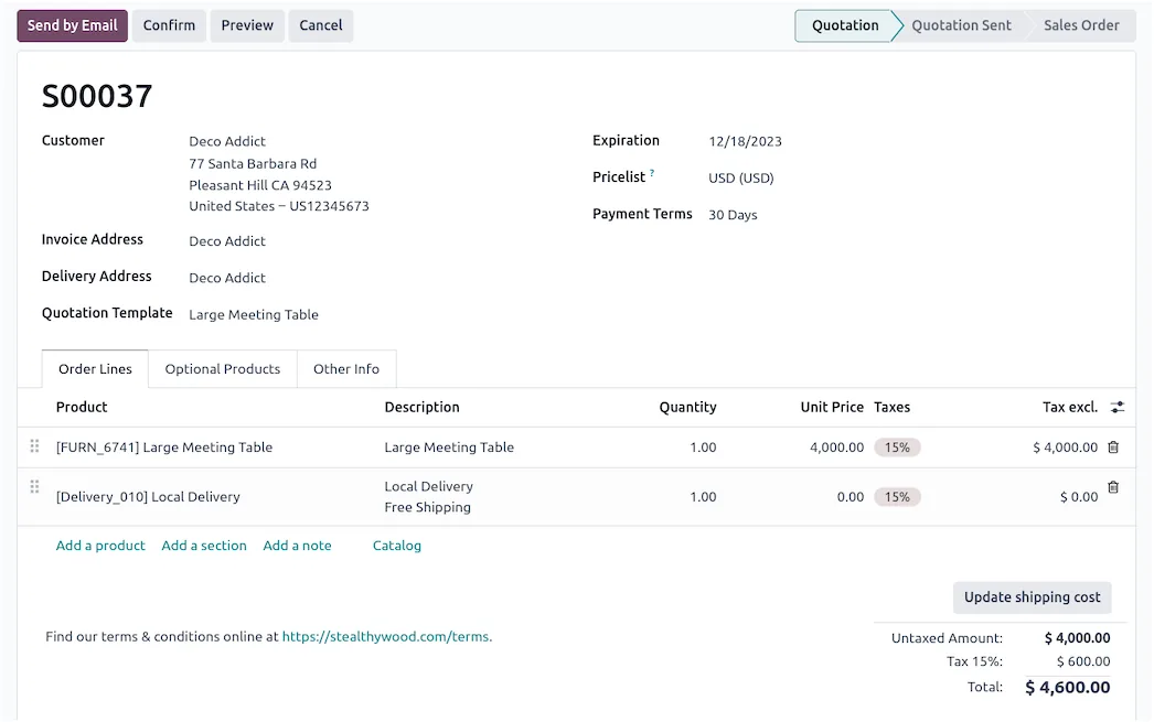 Odoo Sales quotation form