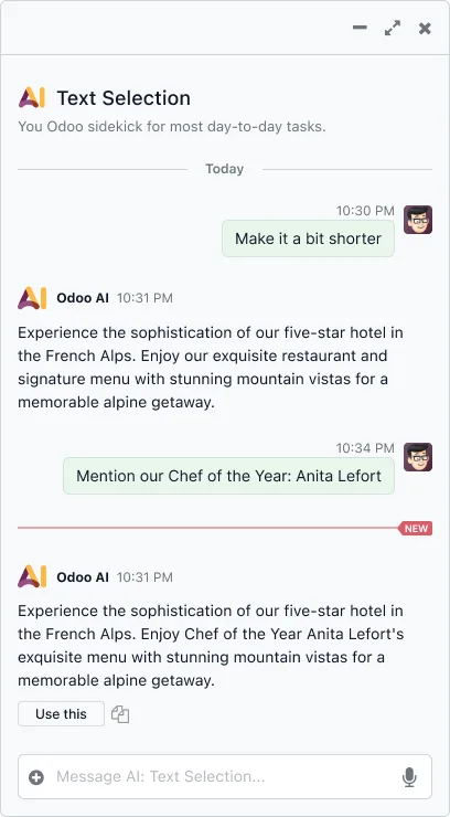 Odoo AI writing assistant in the website editor