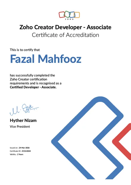 Zoho Creator - Certified Developer (Associate) accreditation for Fazal Mahfooz