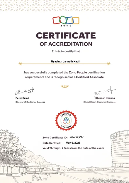 Zoho People - Certified Associate accreditation for Hyacinth Jannath Kadri