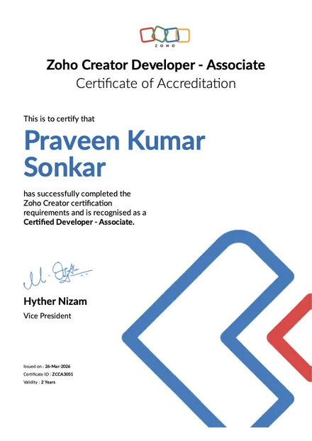 Zoho Creator - Certified Developer (Associate) accreditation for Praveen Sonkar