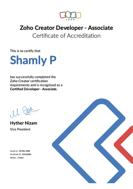 Zoho Creator - Certified Developer (Associate) accreditation for Shamly P