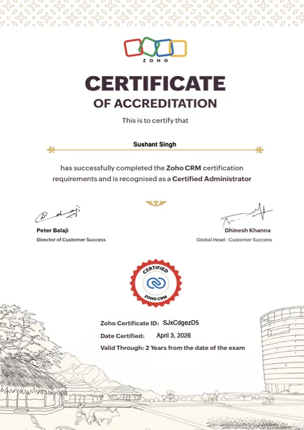 Zoho CRM - Certified Administrator accreditation for Sushant Singh